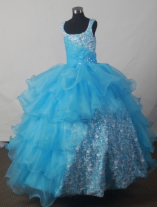 Luxurious Aqua Blue Little Girls Pageant Dress Embroidery
