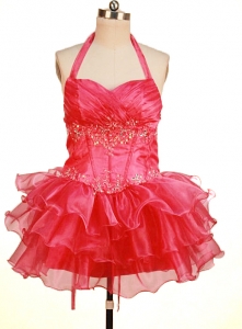 Hot Pink Short Little Girl Pageant Dress Halter Top Beading