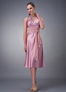 Halter Top Tea-length Satin Pink Bridesmaid dresses