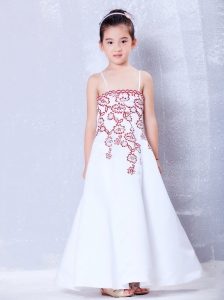 White Ankle-length Embroidery Flower Girl Dress A-line Straps