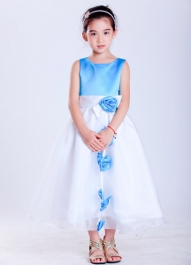 White and Baby Blue Tea-length Flower Girl Dress Scoop Neck