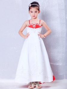 White and Red Straps Embroidery Flower Girl Dress Cute