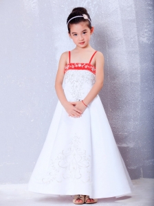Ankle-length Embroidery Flower Girl Dress White and Red