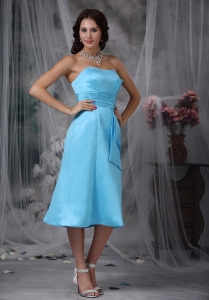 Aqua Blue Tea-length Bridesmaid Dresses Ruched Waistband