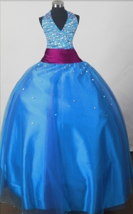 Beaded Decorate Bodice Sweet Ball Gown Little Girl Pageant Dress Halter Top Floor-length