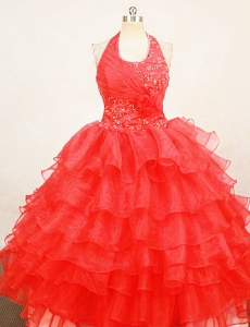 Little Girl Pageant Dresses Beaded Red Halter Organza Ruffles
