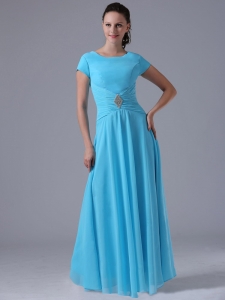 Scoop Neck Beading and Ruch Blue Bridesmaid Dresses