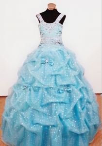 Bowknot Straps Aqua Blue Beaded Girl Pageant Dress