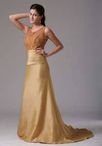 Gold Ruch and Lace Satin Mother of the Bride Dress