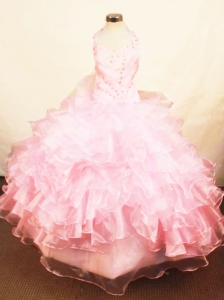 Organza Halter Baby Pink Beaded Little Girl Pageant Dress