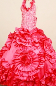 Exquisite Coral Red Little Girl Pageant Dresses Halter top neck