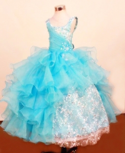 Baby Blue Ruffled Layered Lace Little Girl Pageant Dresses