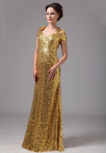 Gold Paillette V-neck Cap Sleeves Mother of the Bride Dress