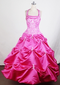 Haltered Embroidery Girl Pageant Dress Hot Pink Appliques