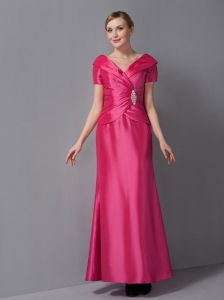 Hot Pink V-neck Column Ruch Dress for Mother Of The Bride