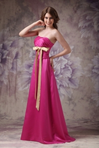 Hot Pink Strapless Bridesmaid dresses with Ruch and Bows