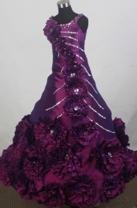 Purple Hand Made Flowers Little Girl Pageant Dress Beaded