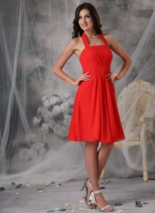 Red Halter Knee-length Chiffon Ruched Bridesmaid Dresses