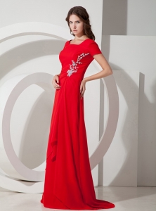 Red Square Appliques Mother Of Bride Dress Brush Chiffon