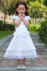 Cap Sleeves Little Flower Girl Dress Taffeta and Lace