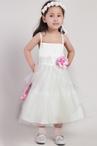 A-line Straps Tea-length Hand Made Flower Little Girl Dress