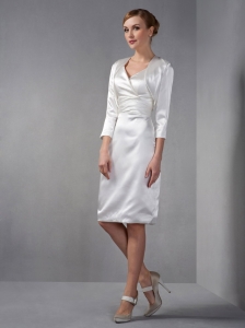 Stylish White V-neck Knee-length Taffeta Ruched Mothers Dress
