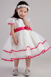 White Little Girl Dress Scoop Tea-length Beading Bowknot