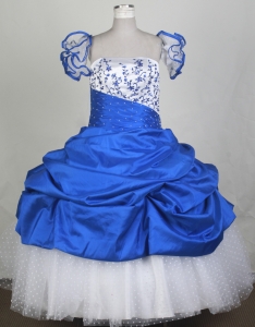 White and Blue Embroidery Flower Girl Pageant Dress