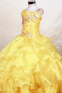 Yellow One Shoulder Beaded Little Girl Pageant Dress Ruffles