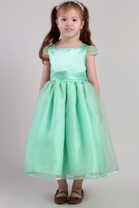 Little Girl Dress Apple Green A-line Square Tea-length Belt