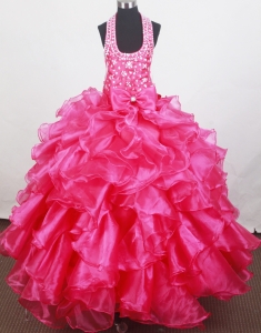 Ruffled Bow Halter Little Girl Pageant Dress Hot Pink