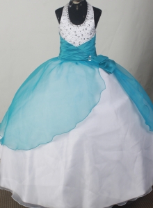 Teal and White Child Pageant Dresses Beaded Halter Neckline