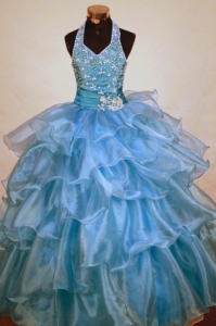 Beaded Halter Little Girl Pageant Dress Light Blue