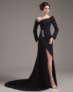 High Slit Asymmetric Black Long Sleeves Mother of Bride Dress
