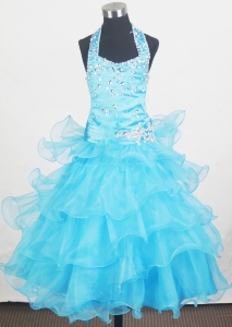 Beaded Halter Little Girl Pageant Dresses Ruffled Aqua Blue