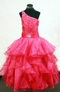 One Shoulder Beading Hot Red Little Girl Pageant Dresses
