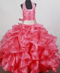 Ruffled Watermelon Red LIL Girl Pageant Dresses Beaded