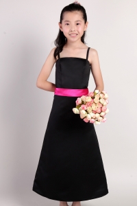 Straps Black Ankle-length Taffeta Sash Flower Girl Dress