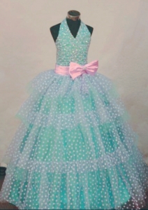 Turquoise and White Haltered Beaded Little Girl Pageant Dresses