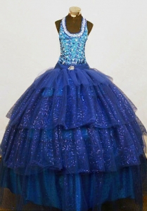 Sequined Halter Top Little Girl Dress Beaded Blue