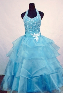 Halter Beading Little Girl Pageant Dresses Light Blue