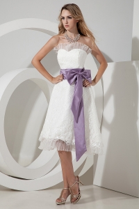 Cheap Tea-length Lace Bow Bridesmaid Dresses