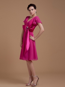 Fuchsia Prom / Homecoming Dress Bowknot Short Sleeves