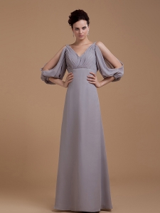 V-neck 3/4 Length Sleeves Grey Mother Of The Bride Dress