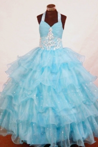 Aqua Blue Haltered Appliques Little Girl Pageant Dresses