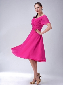 Hot Pink V-neck Short Sleeves Mother-in-law Dresses Chiffon
