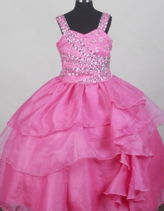 Hot Pink Straps Beaded Flower Girl Pageant Dress