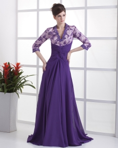 V-neck 3/ 4 Sleeves Purple Brush Train Lace Prom Dress
