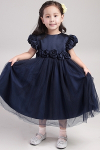 Navy Blue Scoop Tea-length Flower Girl Dress