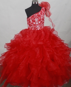 Red One Shoulder Flower Girl Pageant Dress Ruffles